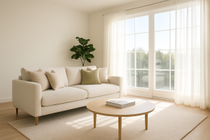 A professionally staged bright and airy modern living room demonstrating effective home staging tips.